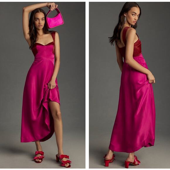 Maeve Womens Medium Sleeveless Seamed Slip Midi Dress Pink Wedding Guest Formal - Picture 1 of 11